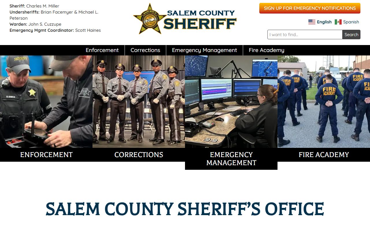 Salem County Sheriff homepage with corrections navigation for inmate population records