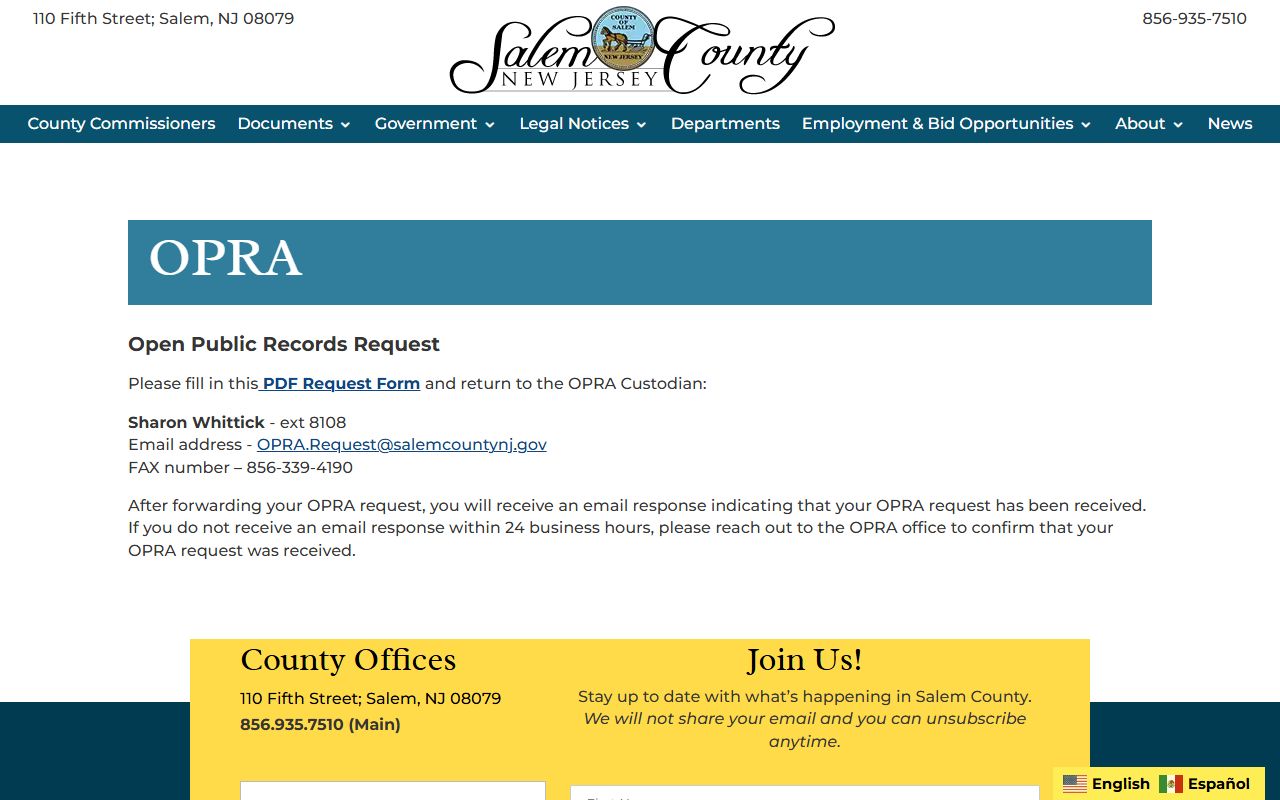 Salem County OPRA page for requesting booking photos and jail records